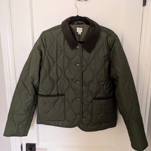 J. Crew Green Quilted Jacket with Dark Brown Trim